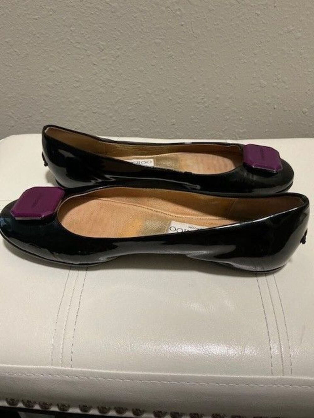 Jimmy Choo Black Patent Leather Ballet Flats with Purple Toe Accent & Heel Logo - Picture 8 of 8